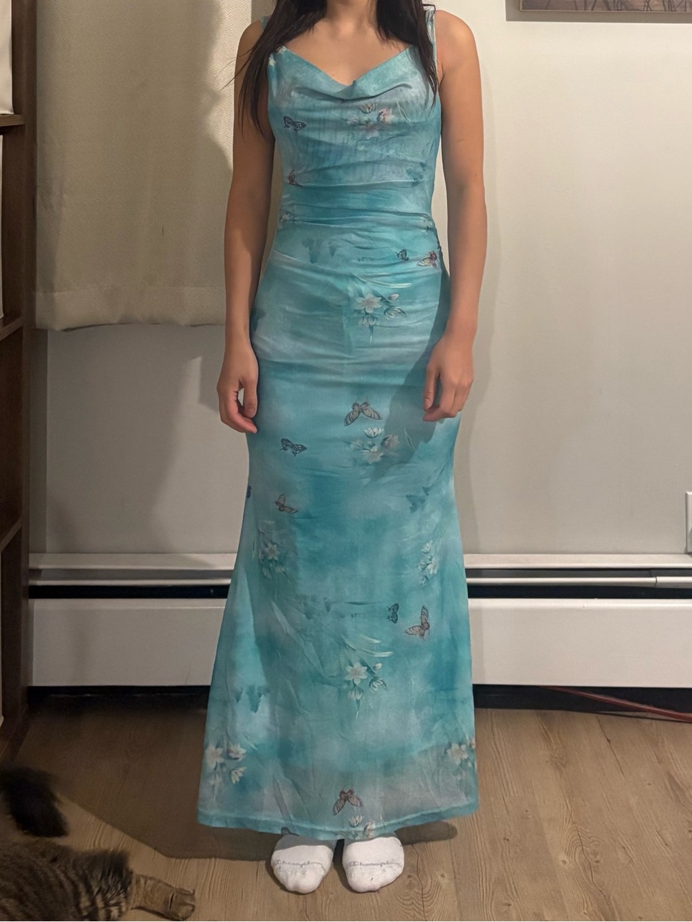 Aqua Floral Slip Maxi Dress with Cowl Neck